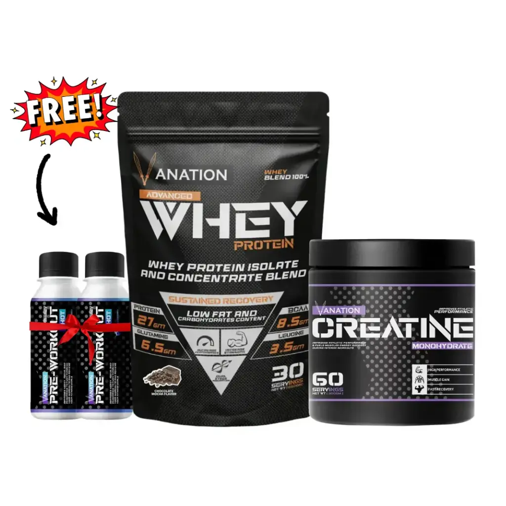 Vanation 100% Whey Protein-1KG-30 Serv + Creatine Monohydrate-300G-60 Serv+ 2xPre-Workout Pump Shot