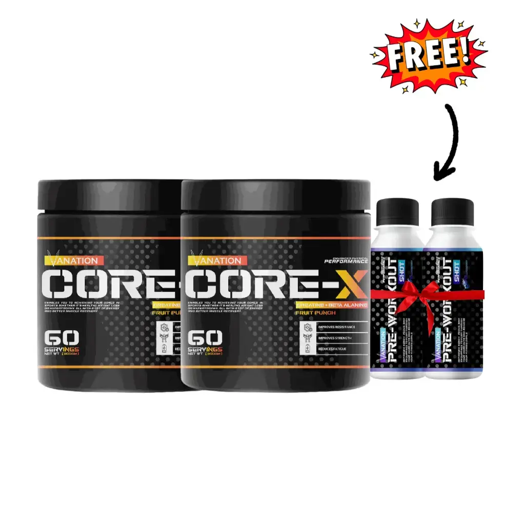 2x Vanation Core-X Creatine+Beta Alanine-300G-60 Serv.-Fruit Punch+2x Pre-Workout Pump Shot -1Serv.- 60ml-BlueBerry