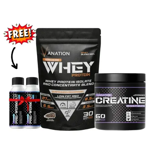 Vanation 100% Whey Protein-1KG-30 Serv + Creatine Monohydrate-300G-60 Serv+ 2xPre-Workout Pump Shot