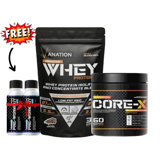 Vanation 100% Whey Protein-1KG-30 Serv+ Core-X + 2xPre-Workout Pump Shot 